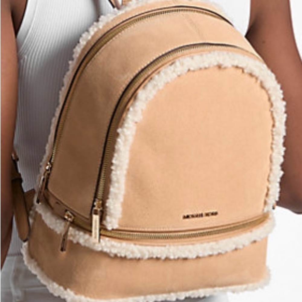 Michael Kors Rhea Medium Zip Peanut Backpack with Shearling Accents - Picture 4 of 5